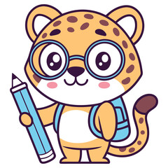 Cartoonish Leopard with Glasses Holding Pencil and Backpack on White Background
