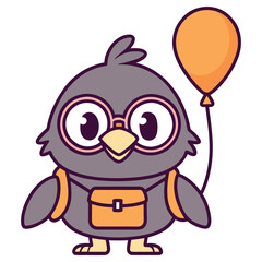 Bird Cartoon Character, Eye Glasses, Backpack, Holding Balloon on White Background