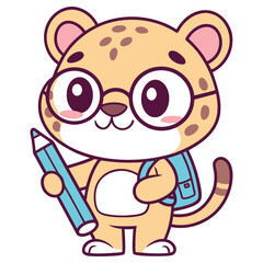 Cartoon Jaguar with Glasses Holding Pencil and Backpack on Transparent Background