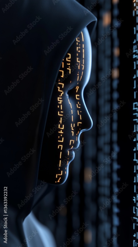 Poster digital figure with glowing code on face in a dark environment showcases the fusion of technology an