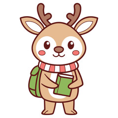 Cute Cartoon Reindeer with Scarf, Green Backpack and Book on White Background