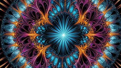Fototapeta premium Vibrant fractal art; swirling teal, purple, gold patterns; abstract digital artwork; intricate design; symmetrical mandala.