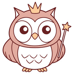 Cartoon Owl with Crown and Star Wand on transparent background