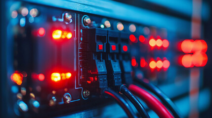 Naklejka premium Close-up of server rack components illuminated by red lights