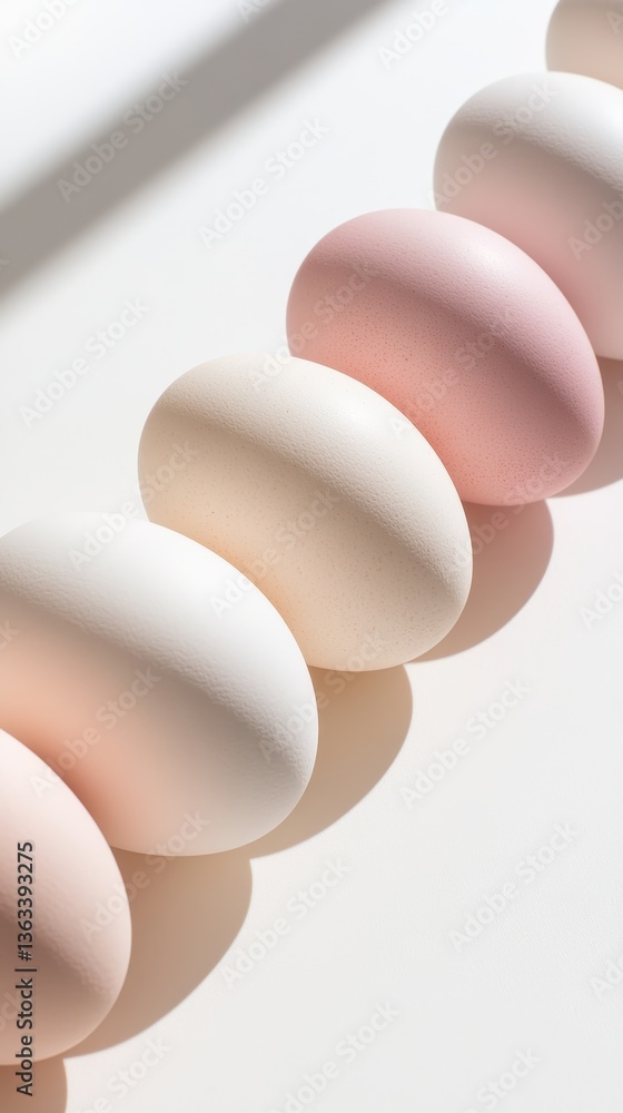 Aufkleber array of pastel colored eggs arranged in a neat line on a light background during soft morning light