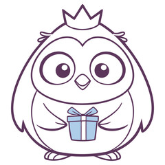 Cute Owl Cartoon with Crown Holding Gift Box Outline on Transparent Background