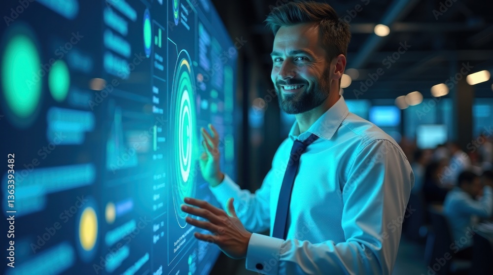 Poster businessman interacting with a futuristic digital interface, displaying data and graphs. innovative 