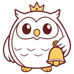 Cartoon Owl with Crown Holding Bell, on Transparent Background