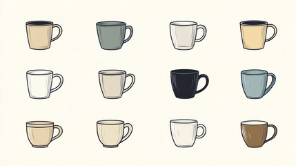 Colorful mugs collection, kitchenware, various colors,  background design, website use