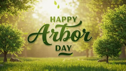 Happy Arbor Day animation on green meadow with trees. Celebration of nature, ecology & environment.  Greeting card with text space
