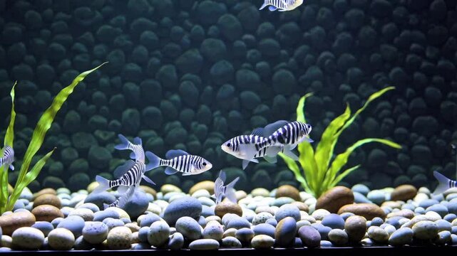 Underwater video scene of a fish tank with a low-angle view, showcasing striped fish swimming among green plants and smooth pebbles.