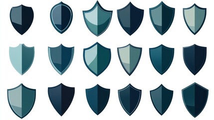 Various teal and dark blue shields; graphic design elements; white background; website design