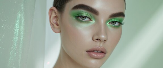 Stunning eye makeup with shimmering green tones and defined brows.