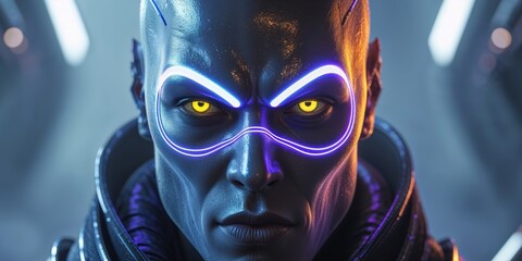 Fierce Alien Warrior s Neon Lit Face Radiating Extraterrestrial Intensity