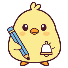 Kawaii Yellow Chick Character Holding Pencil and Bell Icon On Isolated Background