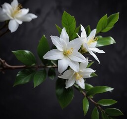 Obraz premium Macro photo of jasmine flower and leaves in stark contrast against dark backdrop, Regeneration, Fresh Air