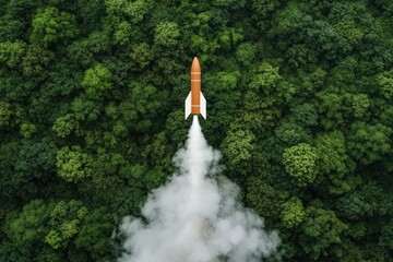 Rocket Launching Over Lush Green Forest: Innovation Meets Nature in Eco-Friendly Space Exploration Concept