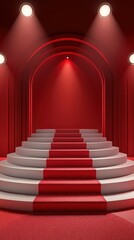 Steps leading up to a grand entrance in a modern red-themed space with soft lighting and a circular arch