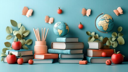 Colorful school-themed backdrop showcases stacked books, globes, and fresh apples, creating an inspiring atmosphere for students returning to school. Perfect for educational settings