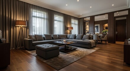 Fototapeta premium Interior of a modern restaurant, sofa, window, lamp, apartment, luxury, living room