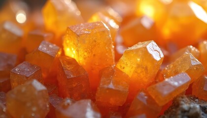 Illustration features vibrant orange calcite crystals under natural light. Gemstone mineral rocks, cubic structure with detailed facet patterns, creates natural beauty, warm sunlight, raw earth