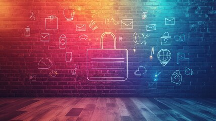 A vibrant backdrop displays a soft gradient blending warm and cool tones. Illustrative icons related to education and communication surround a central padlock, symbolizing security in learning