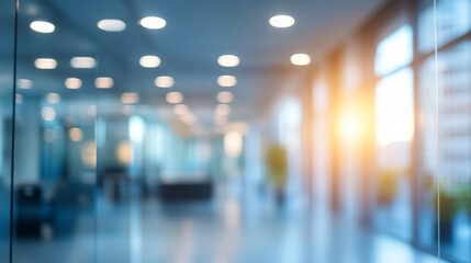 "Beautiful blurred background of a light, modern office interior featuring panoramic windows that allow natural light to flood the space, complemented by elegant lighting fixtures. 