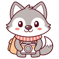 Cartoon Wolf Standing with Camera & Backpack, Striped Scarf on White Background