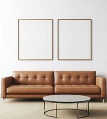 Modern living room with brown leather sofa, two blank frames, and round coffee table.