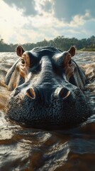 Fototapeta premium Hippo swimming in river water during golden hour at a natural habitat