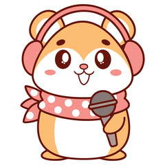 Cute Cartoon Hamster with Pink Scarf, Microphone and Headphone on Transparent BG