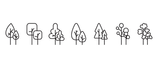 Tree icons vector. Botanical icon set in minimalist line style, Side view, set of tree elements graphic outline symbols for design images. Tropical vector illustration in transparent background.