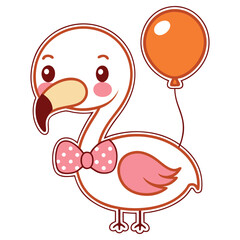Whimsical Flamingo Cartoon with Orange Balloon and Cute Pink Bow on White Background