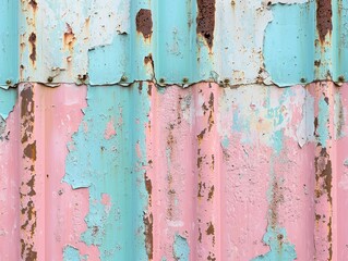 Weathered metal surface with peeling pastel pink and blue paint, revealing rust underneath.