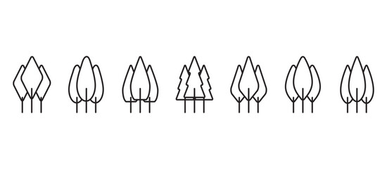 Tree line icon set in minimalist style, Summer forest tree flat vector icons. Tropical vector illustration in transparent background. Botanical icon set. 