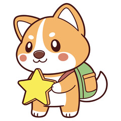 Cute Shiba Inu Cartoon Character Holding Yellow Star with Backpack