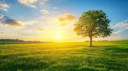 "Vast green grass field with a lone tree bathed in warm yellow sunlight, set against a clear blue sky. A picturesque scene of lush meadows, evoking a sense of tranquility and a beautiful journey throu
