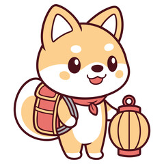 Cute Shiba Inu Cartoon Character with Lantern and Backpack on Transparent Background