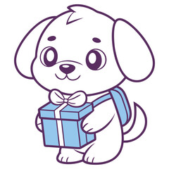 Cartoon Puppy Holding Gift Box with Bow, Wearing Backpack on Transparent Background