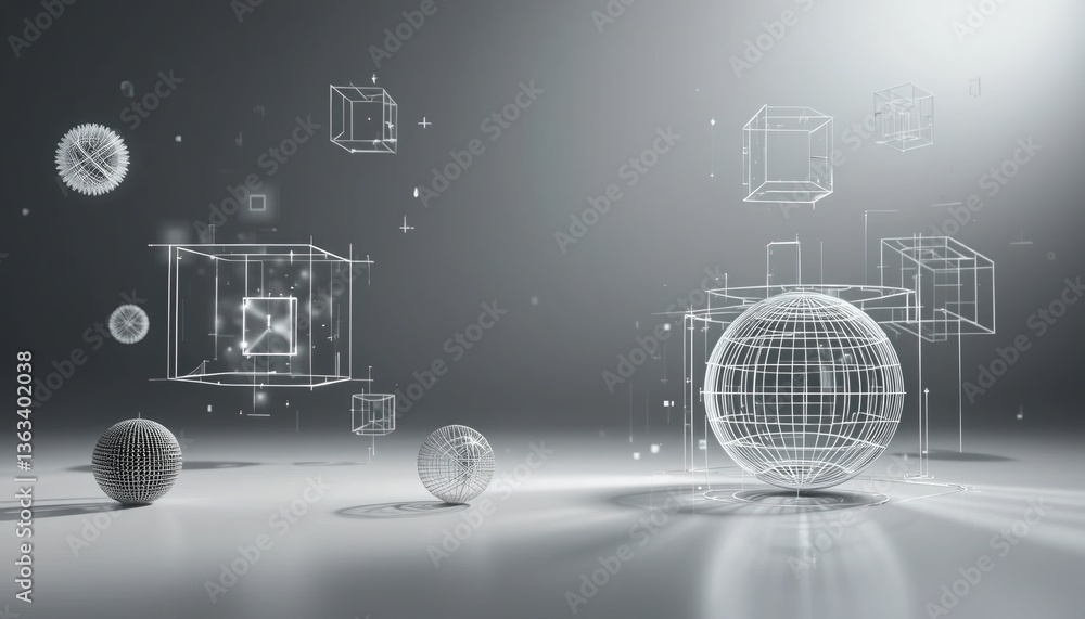 Poster exploring 3d geometric shapes and abstract designs in a digital space virtual environment graphic re