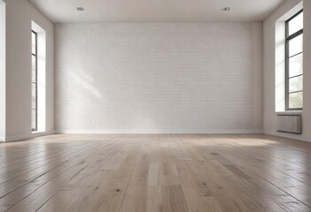 Minimalist living room with white bricks and wooden floor, simplicity, natural materials