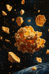 Giant caramel popcorn meteors floating through outer space in a surreal cosmic scene above Earth with glowing stars and deep space background