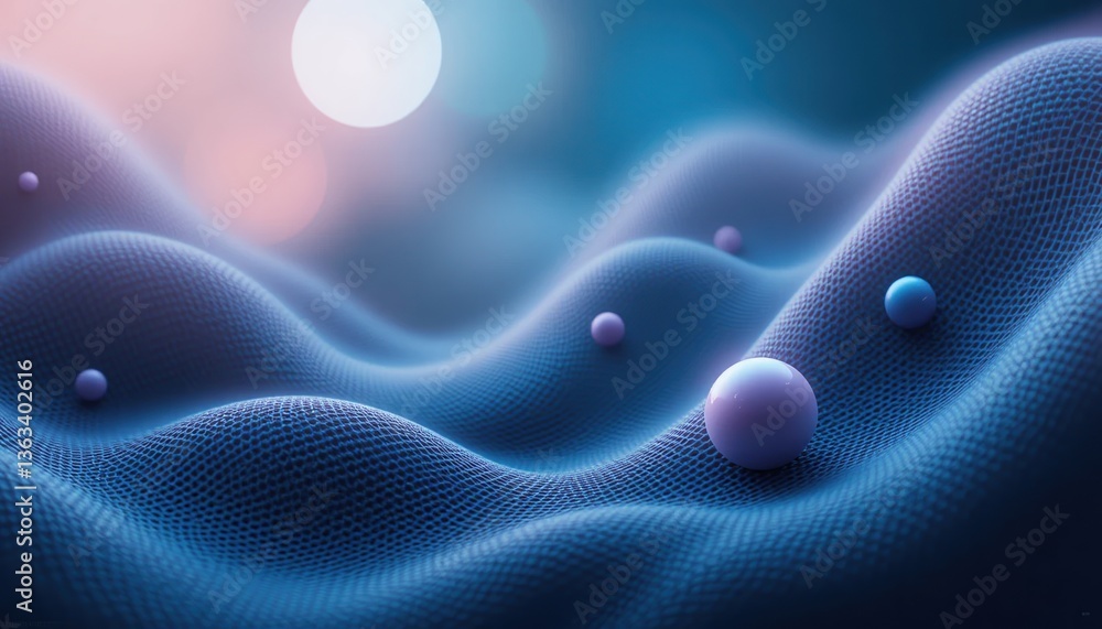 Poster exploring textured waves with colorful spheres in a surreal digital landscape abstract art soft focu