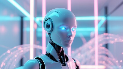 Futuristic humanoid robot in a digital environment with glowing particles and abstract lights