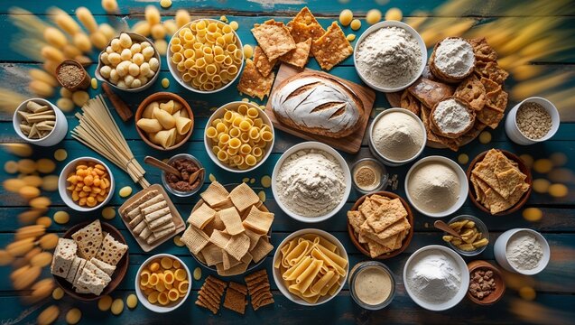 Variety of dried pasta, flour, and baked goods displayed on wooden table for cooking enthusiasts and bakers