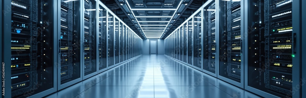 Poster Modern data center with rows server racks. Server room with high-tech cooling systems, ventilation, air conditioning, power, security. Cloud computing technology, data storage, network infrastructure.