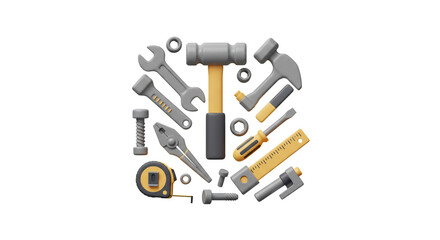 Obraz premium A cheerful collection of tools ready to build, repair, and create, showcasing a playful 3D design with bold yellow and gray accents.