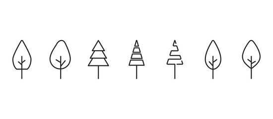 Tree line icon in minimalist style, Botanical icon set. Side view, set of tree elements graphic outline symbols for design images. Tropical vector illustration in transparent background.