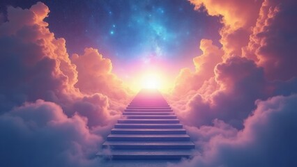 Beautiful sky with a bright light shining through the clouds. The light is coming from a staircase that is leading up to a higher place