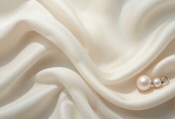 Elegant Cream Satin Fabric Pearls - Soft Textures Copy Space Wedding Invitations Announcements - Luxurious Bridal Design